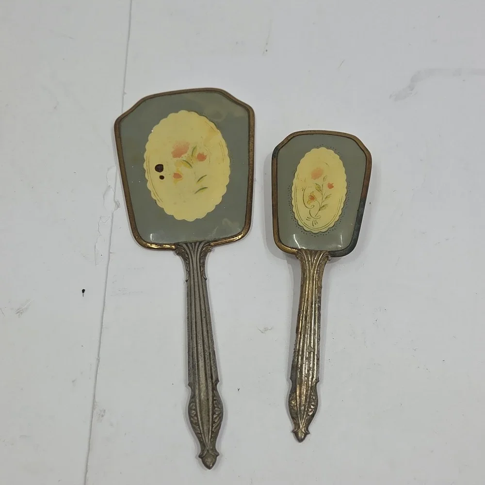 Vintage‎ Antique Celluloid Dresser Set Hand Mirror Hair Brush Floral Vanity 2 Pc